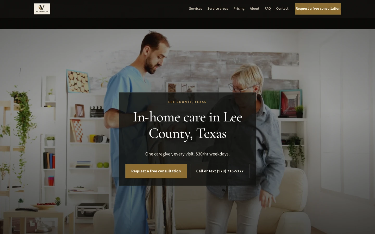Live homepage of Ms. V Mobile Care, in-home care in Lee County, Texas