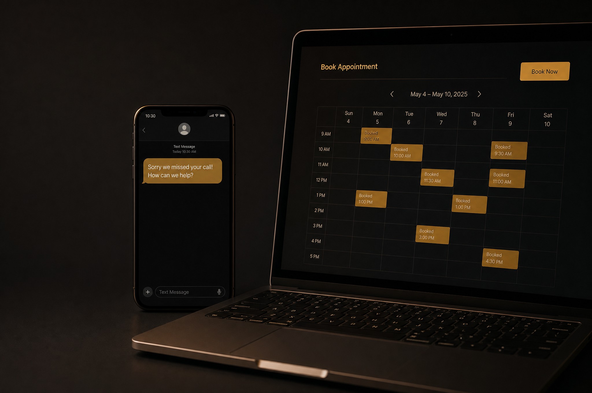 A missed call answered instantly by an automatic text message, beside a booking calendar filling with appointments
